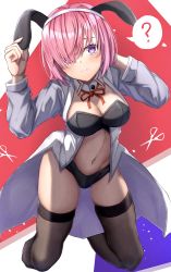 Rule 34 | 1girl, ?, absurdres, animal ears, black panties, black thighhighs, breasts, cleavage, closed mouth, commentary request, fake animal ears, fate/grand order, fate (series), from above, hair over one eye, hairband, hands up, highres, large breasts, long sleeves, looking at viewer, mash kyrielight, navel, panties, pink hair, purple eyes, rabbit ears, short hair, solo, thighhighs, thighs, toukan, underwear, white hairband