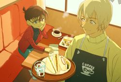 Rule 34 | 2boys, amuro tooru, apron, black-framed eyewear, black apron, black shirt, blue eyes, blue shorts, brown hair, butter, cafe, cardigan, child, closed mouth, clothes writing, commentary request, couch, cup, edogawa conan, egg, english text, eye contact, food, fork, glass, glasses, hair between eyes, hand on own cheek, hand on own face, head rest, holding, holding tray, indoors, jacket, long sleeves, looking at another, male focus, matsumine (twin-mix), meitantei conan, menu, multiple boys, open clothes, open jacket, plate, print apron, red jacket, sandwich, saucer, shirt, shoes, short hair, shorts, sitting, smile, sneakers, socks, standing, steam, table, tea, teacup, tray, water, white legwear, window, yellow cardigan