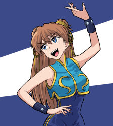 Rule 34 | 1girl, alternate costume, bare shoulders, blue bodysuit, blue eyes, bodysuit, breasts, brown hair, capcom, chun-li, chun-li (cosplay), cosplay, covered navel, double bun, hair bun, highres, long hair, looking up, medium breasts, neon genesis evangelion, open mouth, sashimi (sasihmi), signature, solo, souryuu asuka langley, street fighter, street fighter zero (series), twintails, two side up, voice actor connection