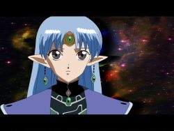 Rule 34 | 1girl, blue hair, brown eyes, earrings, expressionless, jewelry, lafiel, letterboxed, looking at viewer, pointy ears, seikai no senki, solo, space, star (symbol), tiara, upper body