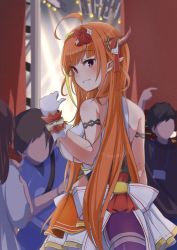Rule 34 | 1girl, absurdres, ahoge, armlet, backstage, bare arms, bare shoulders, bow hairband, braid, breasts, cowboy shot, dragon girl, dragon horns, from behind, gloves, grin, hair intakes, hairband, highres, hololive, horn ornament, horn ribbon, horns, idol, idol clothes, kiryu coco, large breasts, light blush, long hair, looking at viewer, looking back, miniskirt, multicolored hair, nonstop story, official alternate costume, orange hair, purple eyes, red eyes, red hairband, ribbon, shirt, side braid, skirt, smile, solo, streaked hair, very long hair, virtual youtuber, white gloves, white shirt, yagitani hitsuji