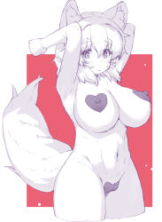 Rule 34 | 1girl, animal ear fluff, animal ears, armpits, arms behind head, arms up, betei, blush, breasts, closed mouth, commentary request, covered erect nipples, cowboy shot, cropped legs, heart maebari, heart pasties, highres, huge breasts, inubashiri momiji, looking at viewer, maebari, monochrome, navel, nude, pasties, rectangle, red background, short hair, sideways glance, simple background, sketch, solo, spot color, stomach, sweatdrop, tail, tail raised, tareme, thick eyebrows, touhou, two-tone background, white background, wolf ears, wolf tail