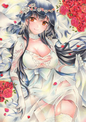 Rule 34 | 1girl, azuma (azur lane), azuma (lily-white longing) (azur lane), azur lane, black hair, breasts, bridal veil, brown eyes, cleavage, closed mouth, dress, elbow gloves, flower, garter straps, gloves, head wreath, highres, large breasts, long hair, lying, marker (medium), official alternate costume, on back, red flower, red rose, rose, saya pr, see-through, smile, solo, thighhighs, traditional media, veil, white dress, white flower, white gloves, white thighhighs