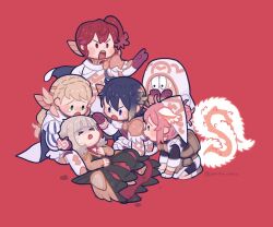 Rule 34 | 1boy, 1other, 4girls, alfonse (fire emblem), ambiguous gender, animal ears, anna (fire emblem), black dress, black eyes, blonde hair, blue eyes, blue hair, blush stickers, braid, brown eyes, brown gloves, cape, chibi, closed eyes, commentary request, crown braid, dress, fire emblem, fire emblem heroes, gloves, gradient hair, green eyes, hair ornament, hat, kiran (fire emblem), long hair, lying, multicolored hair, multiple girls, mushi rags, nintendo, on back, pink hair, ratatoskr (fire emblem), red background, red eyes, red hair, shaded face, sharena (fire emblem), side ponytail, simple background, squirrel girl, squirrel tail, sweatdrop, tail, tearing up, veronica (fire emblem), veronica (princess rising) (fire emblem), white cape, white headwear