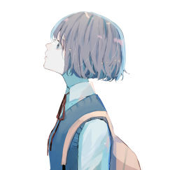 Rule 34 | 1girl, absurdres, backpack, bag, blouse, blue sweater vest, closed mouth, collared shirt, commentary request, grey eyes, grey hair, hagimorijia, highres, neck ribbon, original, profile, red ribbon, ribbon, school uniform, shirt, short hair, simple background, solo, sweater vest, upper body, white background, white shirt