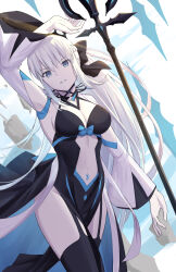 Rule 34 | 1girl, absurdres, black bow, black dress, black thighhighs, blue eyes, bow, braid, breasts, center opening, cleavage, dress, fate/grand order, fate (series), french braid, grey hair, hair bow, highres, large breasts, long hair, long sleeves, looking at viewer, morgan le fay (fate), natu zame, navel, pelvic curtain, ponytail, sidelocks, solo, spikes, staff, stomach tattoo, tattoo, thighhighs, thighs, tiara, two-tone dress, very long hair, white dress, wide sleeves