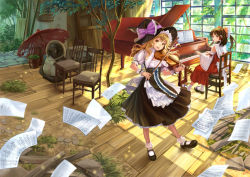 Rule 34 | 2girls, apron, bad id, bad pixiv id, black dress, blonde hair, bow, bow (music), brown eyes, brown hair, chair, detached sleeves, dress, flying paper, hair bow, hair tubes, hakurei reimu, hat, hat bow, instrument, kirisame marisa, long sleeves, looking at viewer, looking back, mary janes, multiple girls, music, oil-paper umbrella, open mouth, paper, piano, playing instrument, playing piano, ponytail, puffy sleeves, red dress, sash, shoes, short sleeves, siro (asteblanc), sitting, smile, tanuki, television, touhou, tree, umbrella, violin, waist apron, wide sleeves, window, witch hat, wrist cuffs, yellow eyes