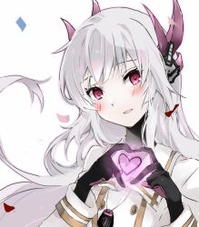 Rule 34 | 1girl, black gloves, blush, collared dress, colored skin, dog tags, dress, gloves, gold trim, gown, grey hair, grey skin, heart, heart hands, highres, ite ti, liv: eclipse (pgr), liv (pgr), long hair, looking at viewer, mechabare, parted lips, pink eyes, pink gloves, punishing: gray raven, sidelocks, solo, two-tone gloves, white background