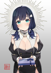 Rule 34 | 1girl, absurdres, amano nene (vtuber), aqua eyes, bare shoulders, blue hair, blush, breasts, cleavage, detached sleeves, gift, highres, jewelry, large breasts, long hair, looking at viewer, low-tied long hair, necklace, nun, production kawaii, shima koume, solo, valentine, virtual youtuber