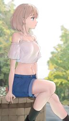 Rule 34 | 1girl, absurdres, bare shoulders, black socks, blue eyes, breasts, camisole, collarbone, commentary request, crop top, denim, denim shorts, detached sleeves, feet out of frame, highres, idolmaster, idolmaster shiny colors, light brown hair, medium breasts, midriff, navel, serizawa asahi, short hair, short sleeves, shorts, sitting, socks, solo, spaghetti strap, stomach, take978733141