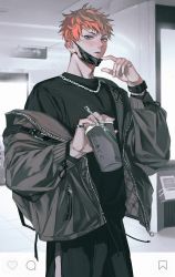 Rule 34 | 1boy, alternate costume, black jacket, black pants, black shirt, blue eyes, busujima rio mason, chain, chain necklace, coffee cup, commentary request, cowboy shot, cup, disposable cup, drawstring, drinking straw, ear piercing, fingernails, highres, holding, holding cup, hypnosis mic, jacket, jewelry, long sleeves, looking at viewer, male focus, mask, mask pull, mouth mask, necklace, orange hair, pants, piercing, pinky ring, pocket, ring, shirt, short hair, solo, standing, tokeru, undercut, unzipped, watch, wristwatch, zipper
