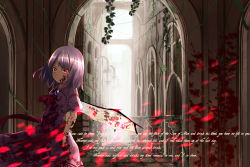 Rule 34 | 1girl, architecture, ascot, backlighting, bible verse, blood, blood on clothes, blood on face, blood on hands, blood splatter, blood stain, blurry, brooch, commentary request, day, depth of field, english text, grass, hachidori tou, highres, jewelry, lamppost, no headwear, pink eyes, pink shirt, pink skirt, plant, purple hair, remilia scarlet, shirt, short hair, short sleeves, skirt, smile, solo, sunlight, touhou, vanishing point, vines