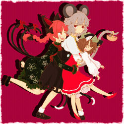 Rule 34 | 3girls, animal ears, basket, bow, braid, brown hair, cat ears, cat girl, cat tail, chen, earrings, female focus, grey hair, hair bow, hat, hug, jewelry, kaenbyou rin, mouse (animal), mouse ears, mouse tail, multiple girls, multiple tails, nazrin, red eyes, red hair, smile, suiyou taruta, suiyoubi, tail, touhou, twin braids