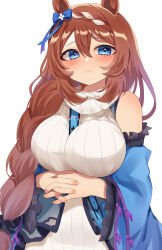 Rule 34 | 1girl, absurdres, animal ears, bare shoulders, between breasts, blue bow, blue eyes, blue jacket, blush, bow, braid, braided ponytail, breasts, brown hair, closed mouth, commentary, ear bow, hair between eyes, highres, horse ears, horse girl, interlocked fingers, jacket, jacket partially removed, kaoru (h8qm9), large breasts, long hair, looking at viewer, multicolored hair, simple background, sleeveless, sleeveless sweater, solo, strap between breasts, streaked hair, super creek (umamusume), sweater, turtleneck, turtleneck sweater, umamusume, upper body, very long hair, white background, white hair