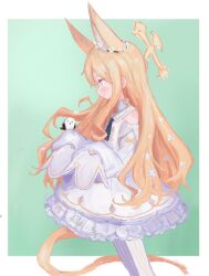 Rule 34 | 1girl, animal ear fluff, animal ears, bird, bird on hand, blonde hair, blue archive, blush, closed mouth, detached sleeves, dress, frilled dress, frills, halo, highres, long hair, long sleeves, orange eyes, pantyhose, reitoubeef, seia (blue archive), sidelocks, simple background, sleeves past fingers, sleeves past wrists, smile, solo, tail, two-tone background, very long hair, white dress