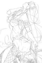 Rule 34 | 10s, 1girl, belt, commentary request, dress, fishnets, flower, gloves, granblue fantasy, greyscale, hair flower, hair ornament, highres, long hair, looking up, monochrome, niwatazumi, pointy ears, rosetta (granblue fantasy), scabbard, sheath, sleeveless, sleeveless dress, solo, sword, weapon