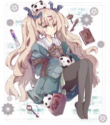 Rule 34 | 1girl, :o, absurdres, animal, animal on head, black pantyhose, blue jacket, blue ribbon, blue skirt, blush, book, brown hair, collared shirt, commentary, flower, full body, green eyes, hair between eyes, hair ornament, hair ribbon, hairclip, highres, jacket, key, knees up, leaf hair ornament, long hair, long sleeves, looking at viewer, no shoes, off shoulder, on head, open clothes, open jacket, original, panda, pantyhose, parted lips, purple flower, ribbon, shirt, skirt, sleeves past wrists, solo, sweater vest, symbol-only commentary, tsukiyo (skymint), twintails, very long hair, white shirt