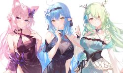 Rule 34 | 3girls, absurdres, ahoge, animal ear fluff, animal ears, antenna hair, antlers, bare shoulders, black choker, black dress, blonde hair, blue dress, blue hair, blue nails, blush, braid, braided bun, breasts, bridal gauntlets, butterfly hair ornament, ceres fauna, choker, cleavage, closed mouth, crown braid, dress, elf, green hair, green nails, grin, hair between eyes, hair bun, hair ornament, hakui koyori, halter dress, halterneck, hand up, heiyan shenshi, highres, hololive, hololive english, horns, large breasts, long hair, looking at viewer, medium breasts, mole, mole under eye, multiple girls, nail polish, pink hair, pink nails, pointy ears, purple eyes, see-through, see-through cleavage, simple background, smile, solo, upper body, virtual youtuber, white background, yukihana lamy