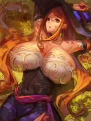 Rule 34 | 1girl, :o, armpits, arms up, breasts, cleavage, curvy, dragon&#039;s crown, dress, eyebrows, grass, hat, huge breasts, kazo (kazozakazo), large breasts, large hat, long hair, orange hair, outdoors, purple dress, shade, shaded face, sorceress (dragon&#039;s crown), thick thighs, thighs, vanillaware, wide hips, witch, witch hat