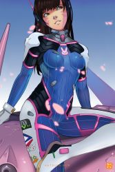 Rule 34 | 1girl, animal print, artist name, blue background, blue bodysuit, blue sky, bodysuit, breasts, brown eyes, brown hair, clothes writing, cowboy shot, d.va (overwatch), day, facepaint, facial mark, gloves, gradient background, hatsurai kun, headphones, high collar, highres, light smile, long hair, looking away, mecha, meka (overwatch), outdoors, overwatch, overwatch 1, parted lips, petals, pilot suit, pink lips, rabbit print, ribbed bodysuit, robot, shoulder pads, signature, sitting, sitting on object, skin tight, sky, small breasts, solo, swept bangs, whisker markings, white gloves
