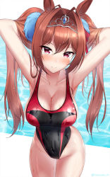 Rule 34 | 1girl, animal ears, armpits, arms behind head, arms up, bare shoulders, black one-piece swimsuit, blush, breasts, brown hair, cleavage, collarbone, competition swimsuit, daiwa scarlet (umamusume), hair intakes, highres, horse ears, horse girl, large breasts, long hair, looking at viewer, one-piece swimsuit, red eyes, red one-piece swimsuit, shirosaba, smile, solo, swimsuit, thighs, tiara, twintails, two-tone swimsuit, umamusume, very long hair
