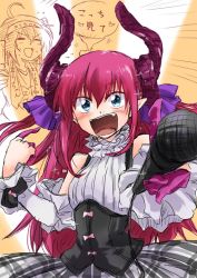 Rule 34 | 10s, 2girls, ahoge, bare shoulders, blush, closed eyes, commentary request, corset, curled horns, elizabeth bathory (fate), elizabeth bathory (fate/extra ccc), elizabeth bathory (second ascension) (fate), fate/extra, fate/extra ccc, fate/grand order, fate (series), flying sweatdrops, frilled sleeves, frills, fujimaru ritsuka (female), green eyes, hair between eyes, hand fan, holding, holding microphone, horns, idol, long hair, looking at viewer, microphone, multiple girls, open mouth, pink hair, plaid, plaid skirt, pointy ears, side ponytail, skirt, solo focus, sparkle, sweat, translation request, unya