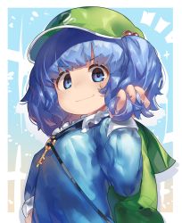 Rule 34 | 1girl, backpack, bag, blue background, blue eyes, blue hair, blue shirt, blush, closed mouth, commentary request, flat cap, green hat, hair bobbles, hair ornament, hand in own hair, hand up, hat, highres, kawashiro nitori, long sleeves, looking at viewer, monosenbei, notice lines, shirt, smile, solo, sweat, touhou, twintails, upper body