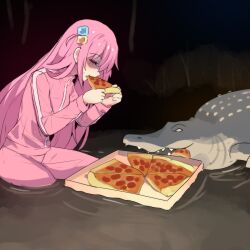 Rule 34 | 1girl, absurdres, bocchi the rock!, closed eyes, commentary, crocodile, crocodilian, food, gotoh hitori, hair ornament, highres, hinghoi, holding, holding food, holding pizza, jacket, long hair, long sleeves, pants, pink hair, pink jacket, pink pants, pizza, pizza slice, sitting, solo, very long hair, water