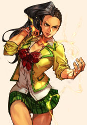 Rule 34 | 1girl, alternate costume, asymmetrical hair, black hair, breasts, brown eyes, capcom, cleavage, collarbone, electricity, green skirt, hungry clicker, jacket, jewelry, large breasts, laura matsuda, plaid, plaid skirt, red ribbon, ribbon, school uniform, shirt, skirt, sleeves rolled up, smile, solo, street fighter, street fighter v, thighs, unbuttoned, unbuttoned shirt, uniform, upper body, white shirt, wristband, yellow jacket
