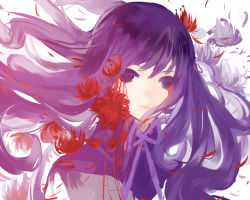 Rule 34 | 10s, 1girl, akemi homura, bad id, bad pixiv id, black hair, blood, bloody tears, dracool, floating hair, flower, long hair, looking at viewer, magical girl, mahou shoujo madoka magica, mahou shoujo madoka magica: hangyaku no monogatari, petals, simple background, solo, spider lily, very long hair, white background, wind
