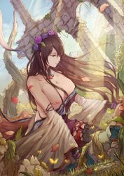 Rule 34 | 10s, 1boy, 1girl, absurdres, bare shoulders, black thighhighs, blue sky, breasts, brown hair, bug, butterfly, castle, closed mouth, cloud, cloudy sky, day, detached sleeves, floating hair, floral print, flower, forest, gem, gran (granblue fantasy), granblue fantasy, grass, green eyes, hair between eyes, hair flower, hair ornament, hair over breasts, head wreath, highres, insect, japanese clothes, kimono, large breasts, light rays, lips, long hair, lying, moss, mountain, nature, nipples, off shoulder, on back, petals, pink lips, rosetta (granblue fantasy), ruins, sky, sparkle, sunlight, thighhighs, tree, very long hair, wide sleeves, wreath, xinuo223