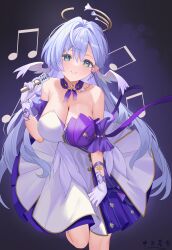 Rule 34 | 1girl, absurdres, aqua eyes, bare shoulders, breasts, chinese commentary, choker, cleavage, commentary request, detached sleeves, dress, foot out of frame, gloves, hair intakes, head wings, highres, honkai: star rail, honkai (series), large breasts, long hair, looking at viewer, musical note, purple choker, purple hair, robin (honkai: star rail), short sleeves, smile, solo, standing, strapless, strapless dress, very long hair, white dress, white gloves, wings, zhongwu chahui