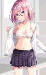 Rule 34 | 1girl, :o, bad id, bad pixiv id, bare shoulders, black-framed eyewear, blush, bob cut, bra, breasts, cleavage, collarbone, cowboy shot, fate/grand order, fate (series), glasses, head tilt, heart, heart print, indoors, legs apart, long sleeves, looking at viewer, mash kyrielight, medium breasts, navel, off shoulder, open mouth, pink hair, plaid, plaid skirt, pleated skirt, print bra, purple eyes, purple skirt, rin yuu, shirt, short hair, skirt, solo, standing, stomach, underwear, undressing, white bra, white shirt