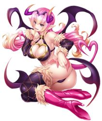 Rule 34 | 1girl, asahi, ass, bikini, boots, breasts, clothing cutout, demon girl, female focus, full body, heart cutout, highres, horns, huge ass, large breasts, looking at viewer, lying, mireille (taimanin asagi), multicolored hair, pink hair, pointy ears, shiny skin, simple background, skirt, smile, solo, swimsuit, taimanin (series), taimanin asagi, taimanin asagi kessen arena, white background, wings