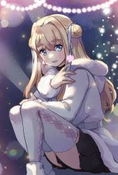 Rule 34 | 1girl, absurdres, black skirt, blonde hair, blue eyes, blush, coat, earrings, foot out of frame, hair ornament, highres, jewelry, light particles, light rays, long hair, looking at viewer, macross, macross frontier, mintpompom, open mouth, sheryl nome, single earring, skirt, solo, steam, thick eyebrows, thighhighs, thighs, white coat, white footwear, white thighhighs, winter clothes, winter coat, zettai ryouiki