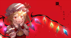 Rule 34 | 1girl, blonde hair, blood, blood on face, crystal, ekita kuro, flandre scarlet, hair between eyes, hands on own face, hands up, hat, hat ornament, highres, looking at viewer, mob cap, one side up, puffy short sleeves, puffy sleeves, red background, red eyes, short sleeves, slit pupils, solo, touhou, vampire, wings, wristband, yandere trance
