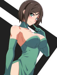 Rule 34 | 1girl, breasts, brown hair, challengia, dress, gloves, green dress, green eyes, green gloves, highres, honchan, large breasts, looking at viewer, nchans, nchans style, ra-pen, short hair, smile, white background
