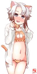 Rule 34 | 1girl, akishimo (kancolle), alternate costume, animal ears, bell, blush, bra, breasts, brown hair, cat cutout, cat ears, cat lingerie, cat tail, cleavage, clothing cutout, collarbone, commentary request, cowboy shot, dated, dress shirt, frilled bra, frills, gluteal fold, gradient hair, grey eyes, highres, jingle bell, kanon (kurogane knights), kantai collection, looking at viewer, lowleg, lowleg panties, medium breasts, meme attire, multicolored hair, nose blush, open clothes, open shirt, orange bra, orange panties, panties, shirt, short hair with long locks, silver hair, solo, standing, tail, thigh gap, underwear, white shirt