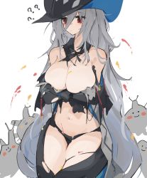 Rule 34 | 1girl, ?, arknights, blush, breasts, crotchless, crotchless pants, detached collar, grey hair, hair between eyes, hat, large breasts, long hair, midriff, mikozin, navel, pants, red eyes, skadi (arknights), solo, symbol-only commentary, torn clothes, torn legwear, wristband