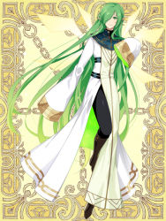 Rule 34 | androgynous, brown footwear, elf, full body, gender request, green eyes, green hair, hair over one eye, kerberos blade, l (matador), long hair, looking at viewer, official art, pointy ears, robe, simple background, sleeves past fingers, sleeves past wrists, smile, solo, standing, very long hair, white robe, wide sleeves, yellow background