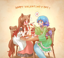 Rule 34 | 2girls, :d, animal ears, arinu, bare shoulders, blue eyes, blue hair, blush, brown hair, collarbone, commentary request, dress, drill hair, english text, feeding, fins, green kimono, happy valentine, head fins, heart, imaizumi kagerou, japanese clothes, kimono, long hair, mermaid, monster girl, multiple girls, nose blush, obi, off shoulder, open mouth, red eyes, red skirt, sash, skirt, smile, spoken heart, tail, touhou, valentine, wakasagihime, white dress, wolf ears, wolf tail, yuri
