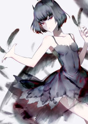 Rule 34 | 1girl, absurdres, bare arms, black clover, black dress, black hair, black wings, dress, expressionless, feathers, flat chest, frit 2, highres, horns, looking at viewer, red eyes, secre swallowtail, solo, wings