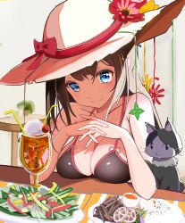 Rule 34 | 1girl, absurdres, bikini, black bikini, blue eyes, breast rest, breasts, breasts on table, brown hair, cat, cleavage, cup, drinking glass, drinking straw, food, hat, highres, long hair, original, own hands together, papion, smile, solo, sun hat, swimsuit, table, upper body