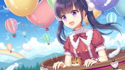 Rule 34 | 1girl, :d, aircraft, animal, black hair, blue sky, blush, bow, cloud, commentary request, commission, day, dress, english text, feathers, hair ornament, hitsuki rei, hot air balloon, long hair, looking away, mountain, open mouth, original, outdoors, puffy short sleeves, puffy sleeves, purple eyes, rainbow, red bow, red dress, scrunchie, short sleeves, sky, smile, solo, striped bow, striped clothes, striped dress, twintails, upper body, vertical-striped clothes, vertical-striped dress, white feathers, white scrunchie, wrist scrunchie