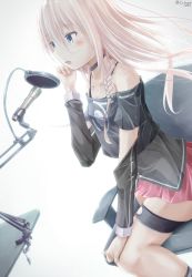 Rule 34 | 1girl, absurdres, arm support, bare shoulders, black choker, black shirt, blue eyes, blush, braid, choker, collarbone, commentary, dutch angle, from side, gradient background, grey background, hair between eyes, hand up, highres, ia (vocaloid), light brown hair, long hair, long sleeves, microphone, off-shoulder shirt, off shoulder, on chair, open mouth, pleated skirt, red skirt, shirt, short sleeves, sitting, skirt, solo, tateishi kureha, twitter username, very long hair, vocaloid, white background