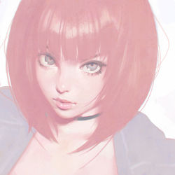 Rule 34 | 1girl, blunt bangs, brown hair, choker, closed mouth, grey eyes, ilya kuvshinov, lips, looking at viewer, muted color, nose, original, portrait, red hair, short hair, simple background, solo, white background