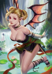 Rule 34 | 1girl, bare legs, bare shoulders, black choker, black dress, blonde hair, bracelet, breasts, choker, cleavage, day, demon girl, demon horns, detached sleeves, dress, earrings, green sash, grin, hair horns, hoop earrings, horns, jewelry, large breasts, leaning forward, lily pad, lips, lipstick, looking at viewer, makeup, nail polish, neck, necklace, nico (xuanyuan jian can), outdoors, parted lips, phamoz, pink eyes, pointy ears, pond, red lips, red nails, sash, short dress, short hair, side slit, smile, strapless, strapless dress, thick thighs, thighs, toenail polish, toenails, twintails, water, waterfall, white detached collar, wings, xuanyuan jian can