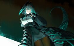 Rule 34 | 1girl, absurdres, aqua hair, arknights, black coat, black gloves, breasts, brown jacket, closed mouth, coat, covered navel, cowboy shot, dutch angle, fingerless gloves, gloves, gradient hair, grey hair, hand up, head tilt, head wings, high-waist skirt, highres, ho&#039;olheyak (arknights), jacket, large breasts, long sleeves, looking at viewer, multicolored hair, open clothes, open coat, roupo99, shirt, short hair, skirt, smile, solo, tail, white shirt, wings