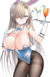 Rule 34 | 1girl, absurdres, animal ears, asuna (blue archive), asuna (bunny) (blue archive), bare shoulders, blue archive, blue bow, blue bowtie, blue ribbon, bow, bowtie, breasts, brown pantyhose, cleavage, covered navel, cowboy shot, cup, drinking glass, fake animal ears, food, fruit, gloves, grin, hair over one eye, hair ribbon, hairband, hand on own chest, highres, holding, holding tray, large breasts, leaning forward, lemon, lemon slice, leotard, light brown hair, long hair, looking at viewer, mole, mole on breast, neko lu (wofud453), pantyhose, playboy bunny, rabbit ears, rabbit tail, ribbon, simple background, smile, solo, standing, strapless, strapless leotard, tail, thighband pantyhose, traditional bowtie, tray, tropical drink, very long hair, white background, white gloves, white hairband