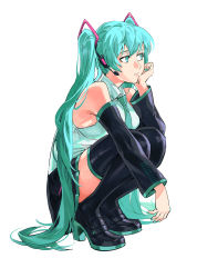 Rule 34 | 1girl, :|, absurdres, arm support, black skirt, black thighhighs, blue eyes, blue hair, bored, closed mouth, detached sleeves, from side, grey shirt, hatsune miku, headset, high heels, highres, long sleeves, microphone, miniskirt, necktie, pleated skirt, ruukii drift, shirt, shoes, simple background, skirt, sleeveless, sleeveless shirt, solo, squatting, thighhighs, twintails, vocaloid, white background